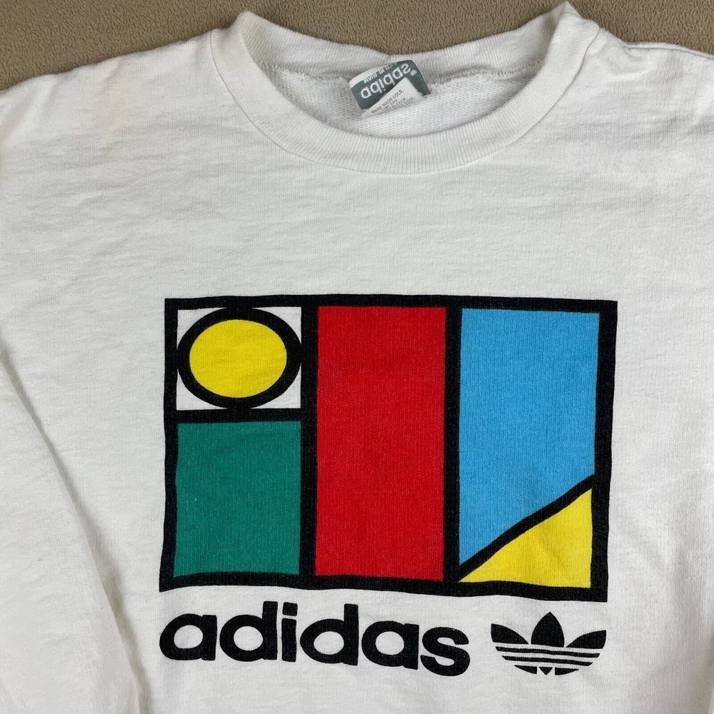 Vintage Adidas Sweater Mens Medium 80s Logo Pullover White Sports Graphic - Picture 9 of 11